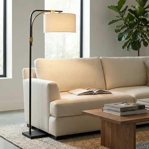 Black And Gold Metal Floor Lamp With Linen Shade