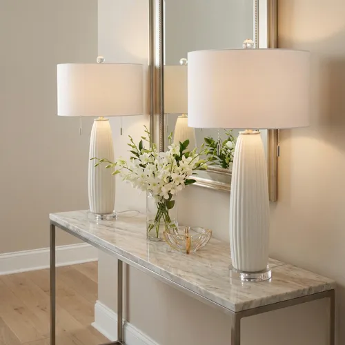 Avril Modern White Ceramic Table Lamp With White Linen Shade