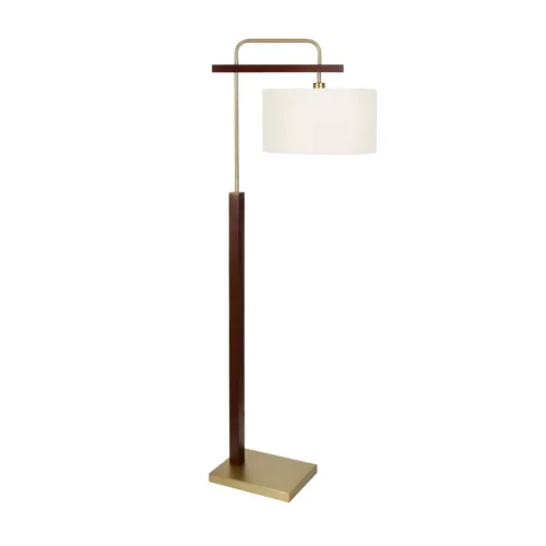 Wood And Brass Metal Floor Lamp With Drum Linen Shade