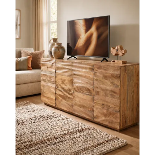 W Brown Wood Four Door Media Credenza Sideboard