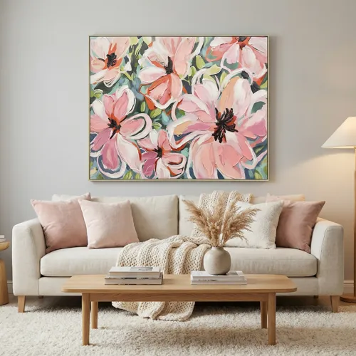 Petal Party Hand-painted Pink Floral Framed Canvas Wall Art