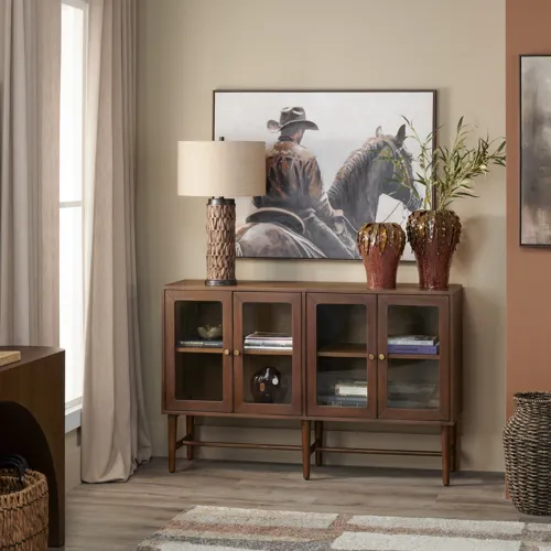 W Brown Wood Four Door Media Credenza Sideboard