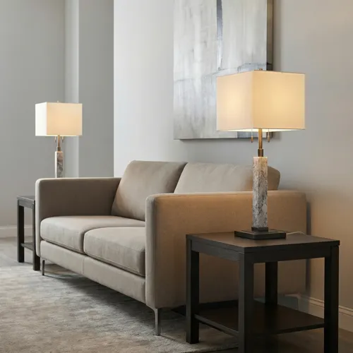 Glasgow Table Lamp In Gray And Black Metal With Square White Linen Shade