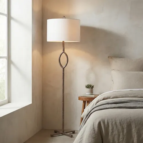 Silver Distressed Metal Floor Lamp With White Linen Drum Shade
