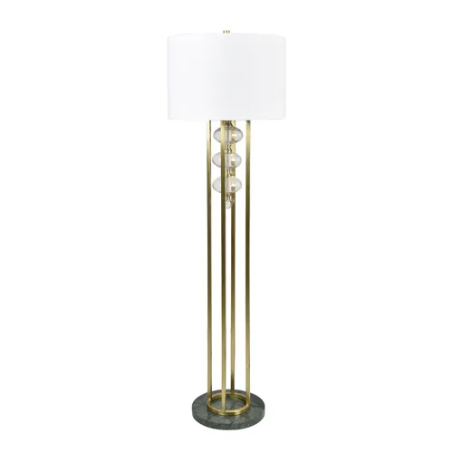 Gold Polished Floor Lamp With White Linen Drum Shade And Marble Base