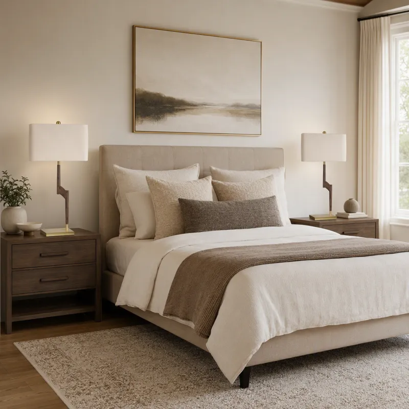 Brown Table Lamp With Brass Metal Base And Oat Linen Shade