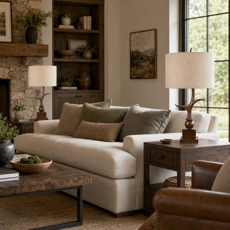 Brown Distressed Resin Table Lamp With Beige Burlap Shade