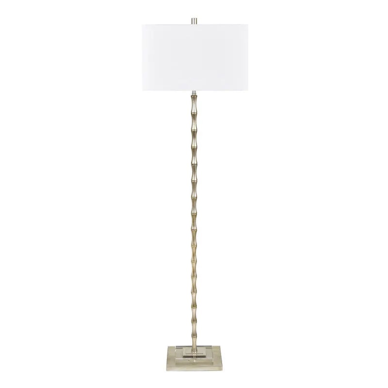 Bamboo-style Champagne Brass Floor Lamp With Crystal Base And Linen Shade