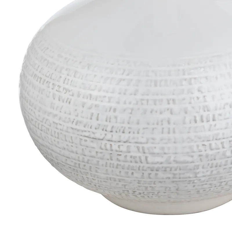 Set Of 2 White Ceramic Table Lamps With Etched Detailing And Drum Shades.