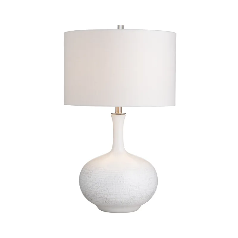 Set Of 2 White Ceramic Table Lamps With Etched Detailing And Drum Shades.