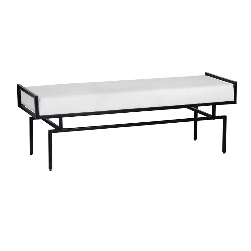 Upholstered White Accent Bench With Black Iron Frame