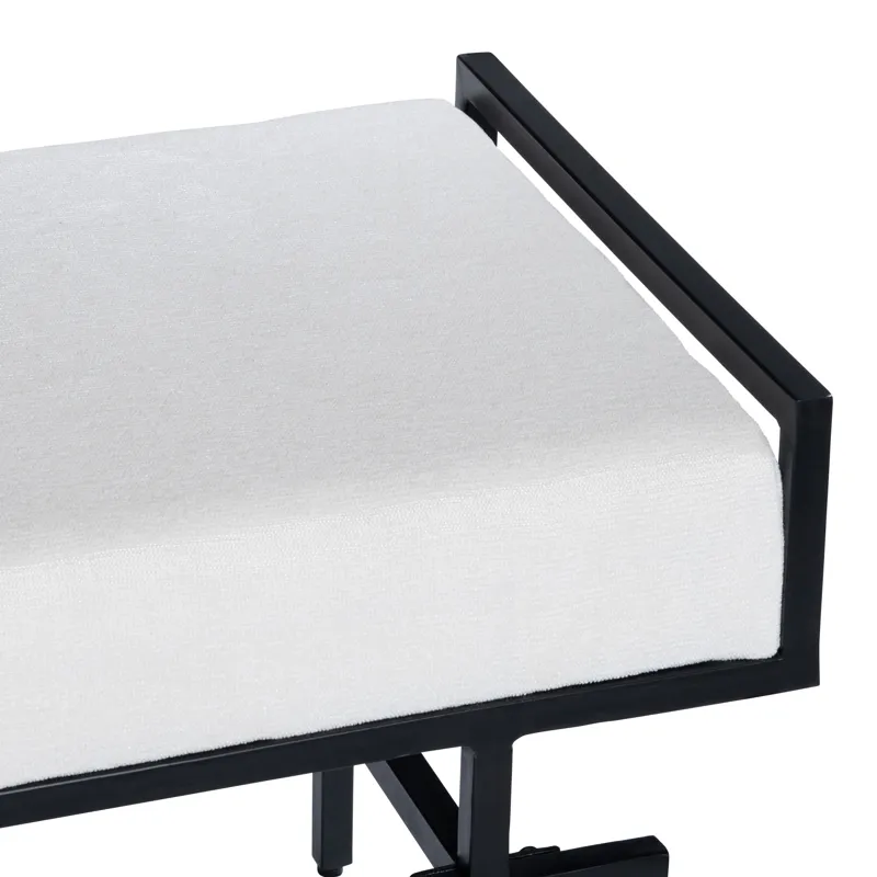 Upholstered White Accent Bench With Black Iron Frame
