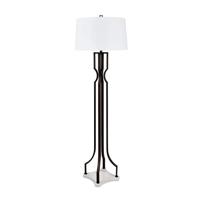 Aged Bronze Metal And Marble Floor Lamp With Linen Shade