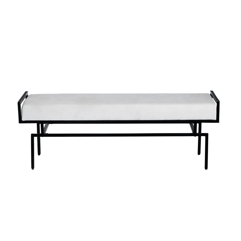 Upholstered White Accent Bench With Black Iron Frame