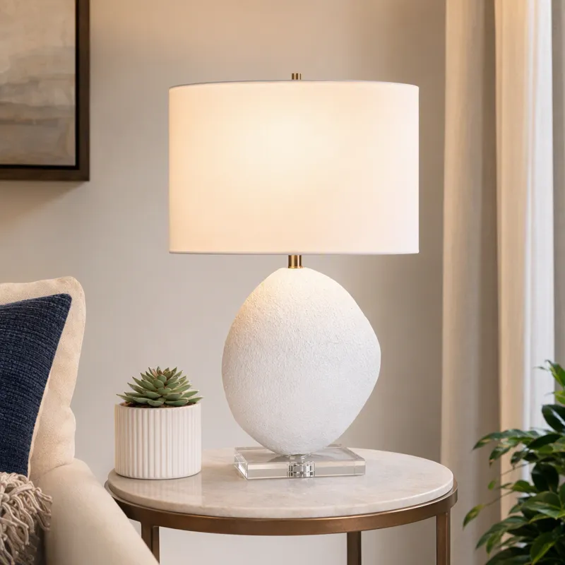 White Textured Table Lamp With Clear Crystal Base And White Linen Oval Shade