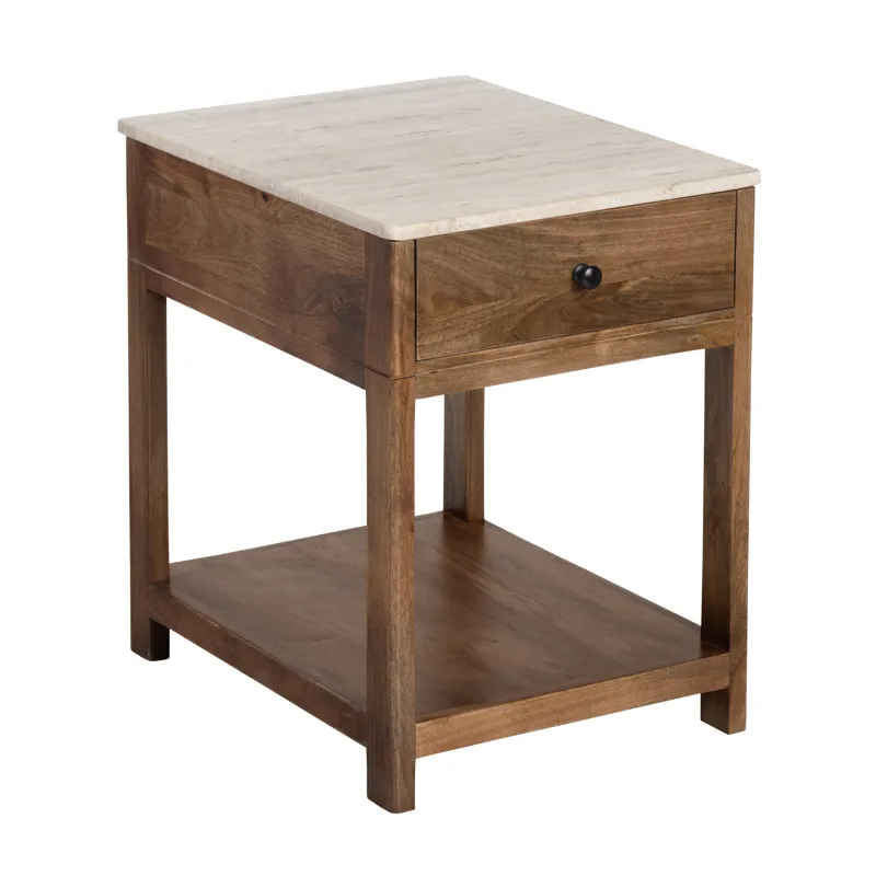Solid Mango And Travertine 1 Drawer Accent/end Table
