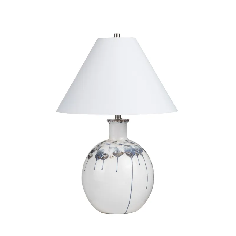 Blue And White Ceramic Table Lamp With Empire Shade And Rotary Switch.
