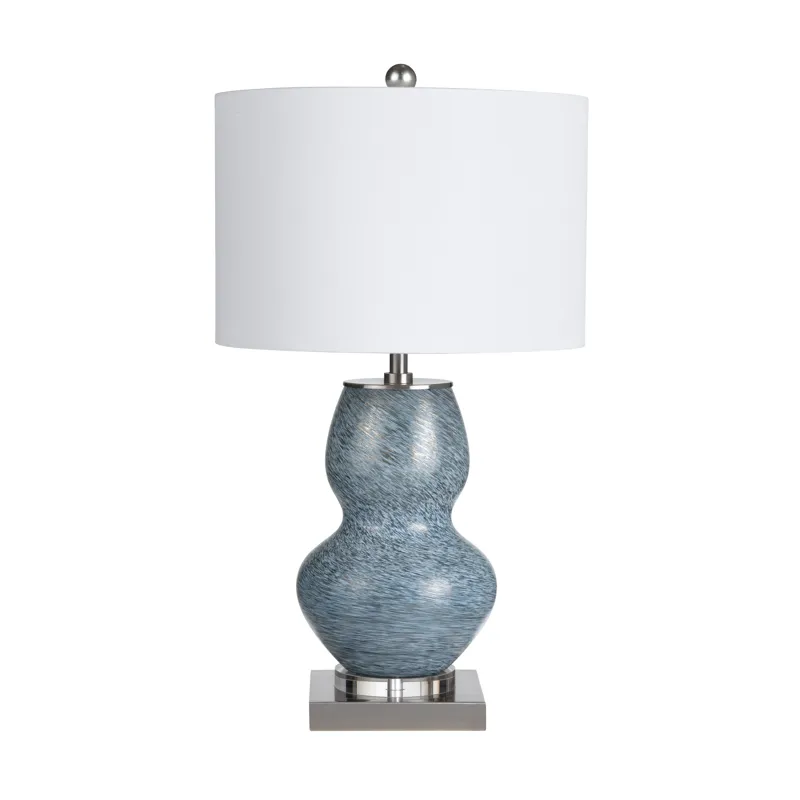 Double-gourd Blue Ceramic Table Lamp With Crystal Base And Drum Shade.