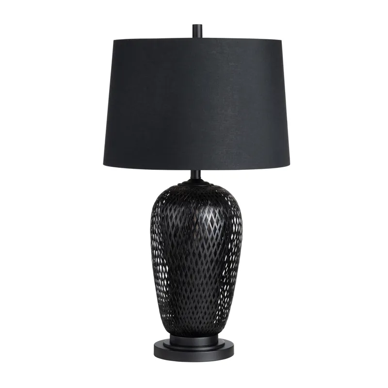 Set Of 2 Black Rattan/bamboo Table Lamp With Linen Shade