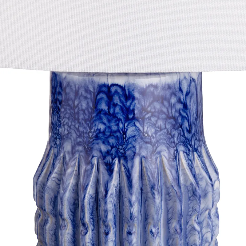 Set Of 2 Blue Ribbed Ceramic Lamps With Crytsal Bases
