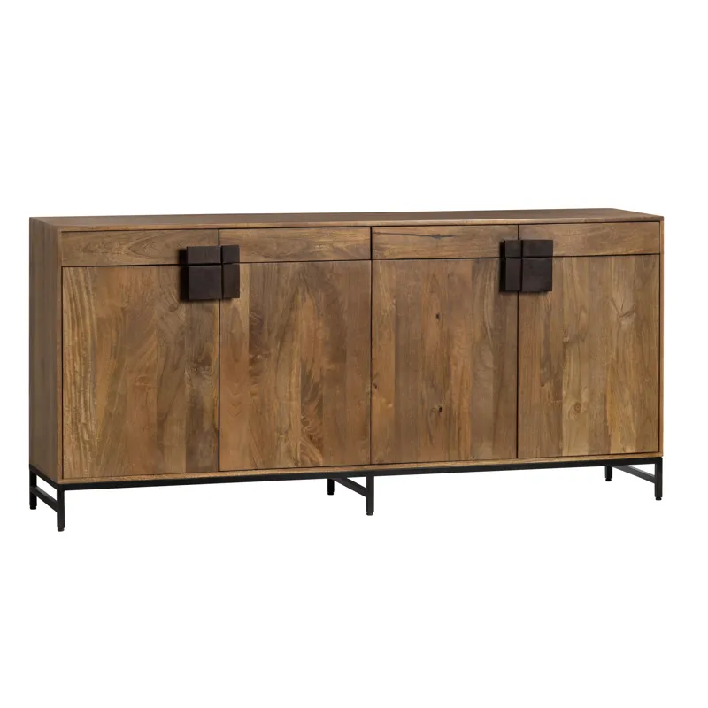 Natural Brown Solid Wood & Metal 4-door, 4-drawer Media Credenza/sideboard