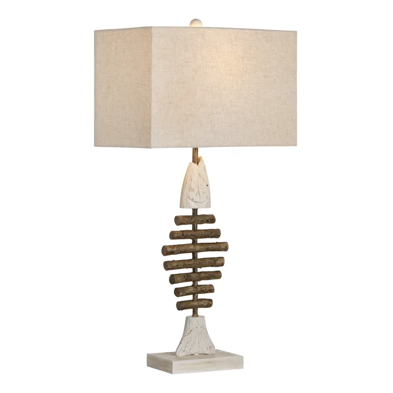Resin Table Lamp With Coastal Fish Design And Linen Shade