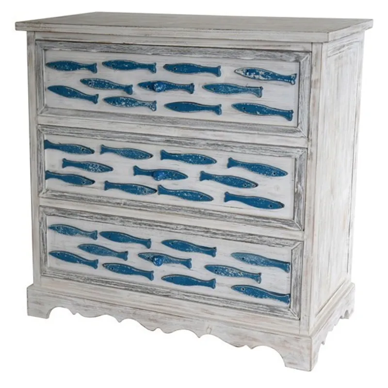 Swimming Upstream Antique White 3 Drawer Blue Fish Chest
