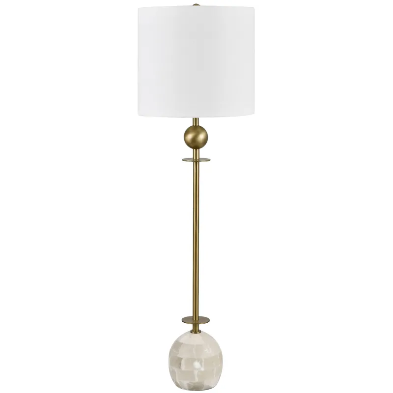 Brass Buffet Table Lamp With White Marble Base And White Linen Shade