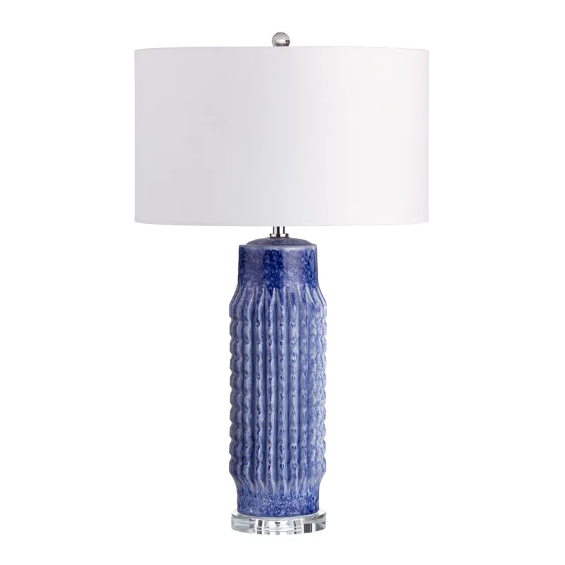 Set Of 2 Blue Ribbed Ceramic Lamps With Crytsal Bases