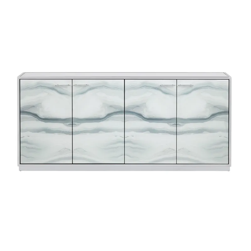 White And Gray Marble Inspired Reverse Painted Glass 4-door Media Credenza/sideboard