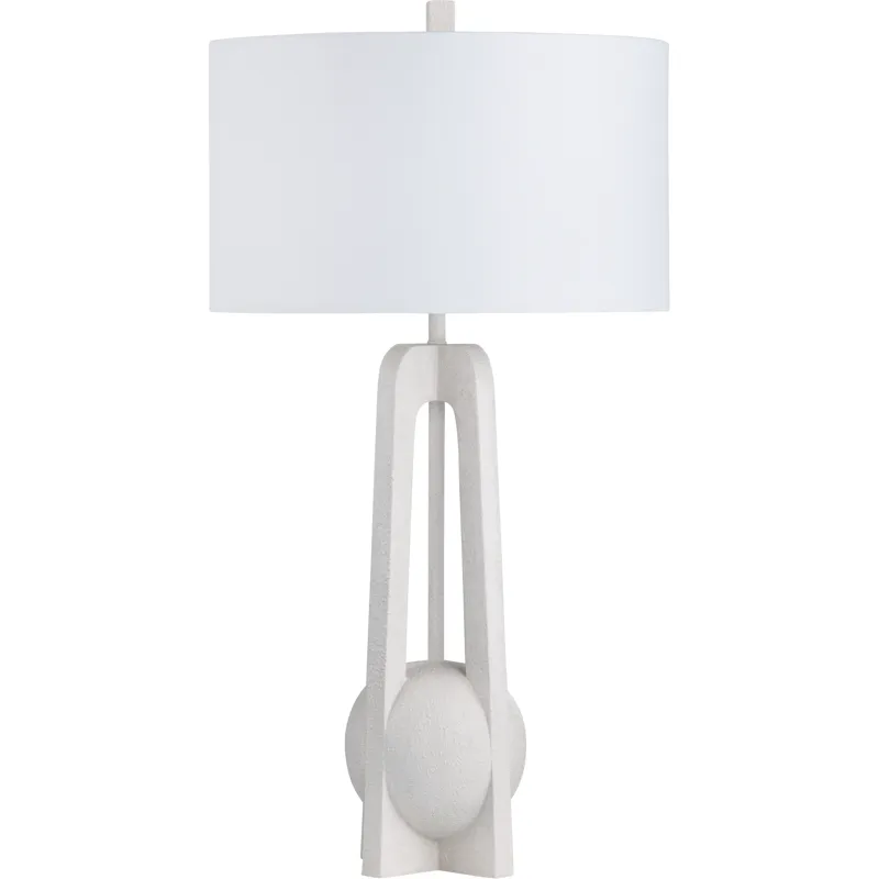 White Textured Table Lamp With Modern Geometric Base And Linen Drum Shade