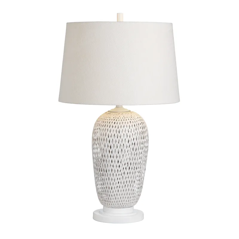 Set Of 2 White Rattan/bamboo Table Lamp With Linen Shade