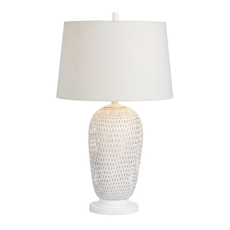 Set Of 2 White Rattan/bamboo Table Lamp With Linen Shade