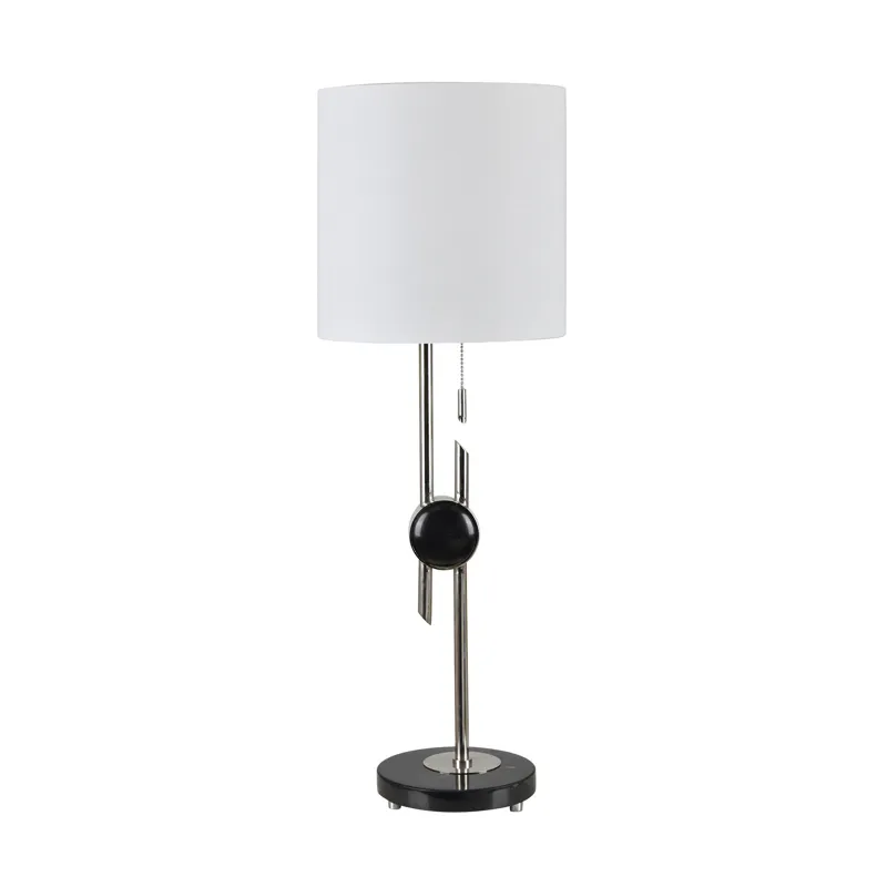 Polished Nickel Metal And Marble Table Lamp With Linen Shade