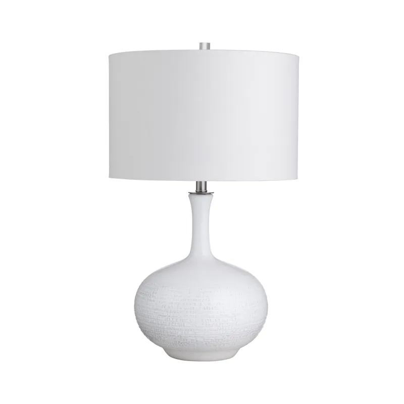 Set Of 2 White Ceramic Table Lamps With Etched Detailing And Drum Shades.