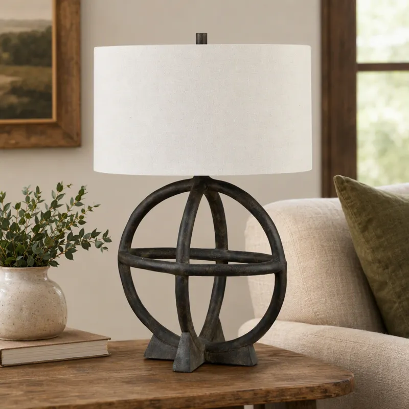 Black Resin Table Lamp With Oat Linen Oval Shade