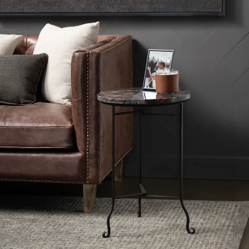 Black Petrified Wood And Metal Round Accent/end Table
