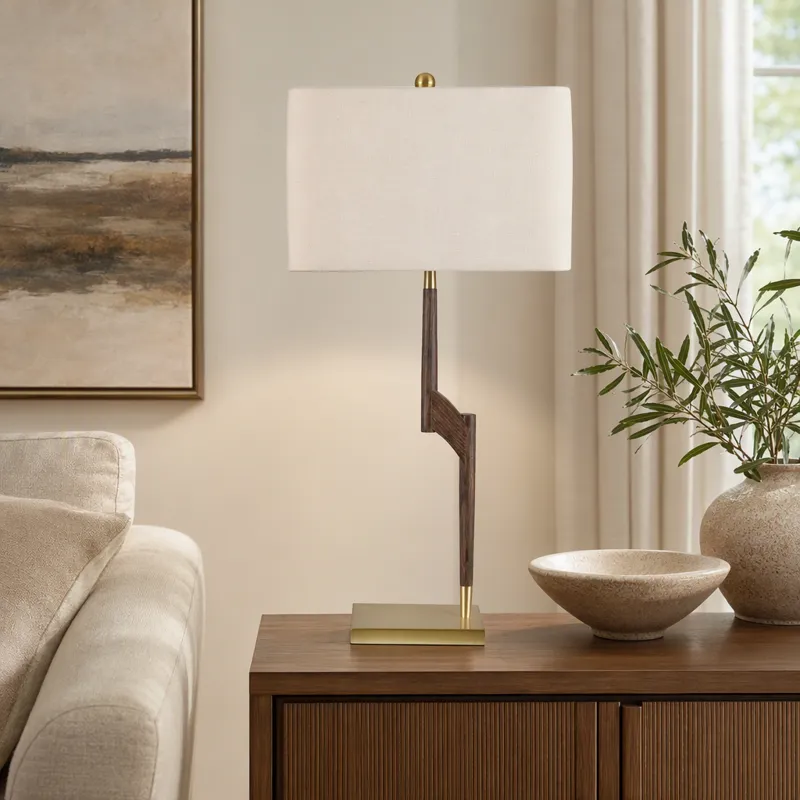 Brown Table Lamp With Brass Metal Base And Oat Linen Shade