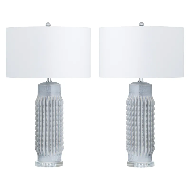Set Of 2 Powdered Blue Ceramic Lamps With Crystal Bases