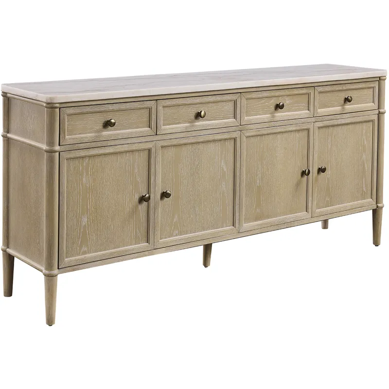 72 In. Tan Wood Whitewashed Four Door, Four Drawer Credenza Sideboard