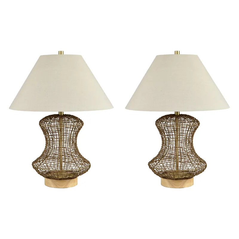 Set Of 2  Rattan Table Lamp With Linen Shade
