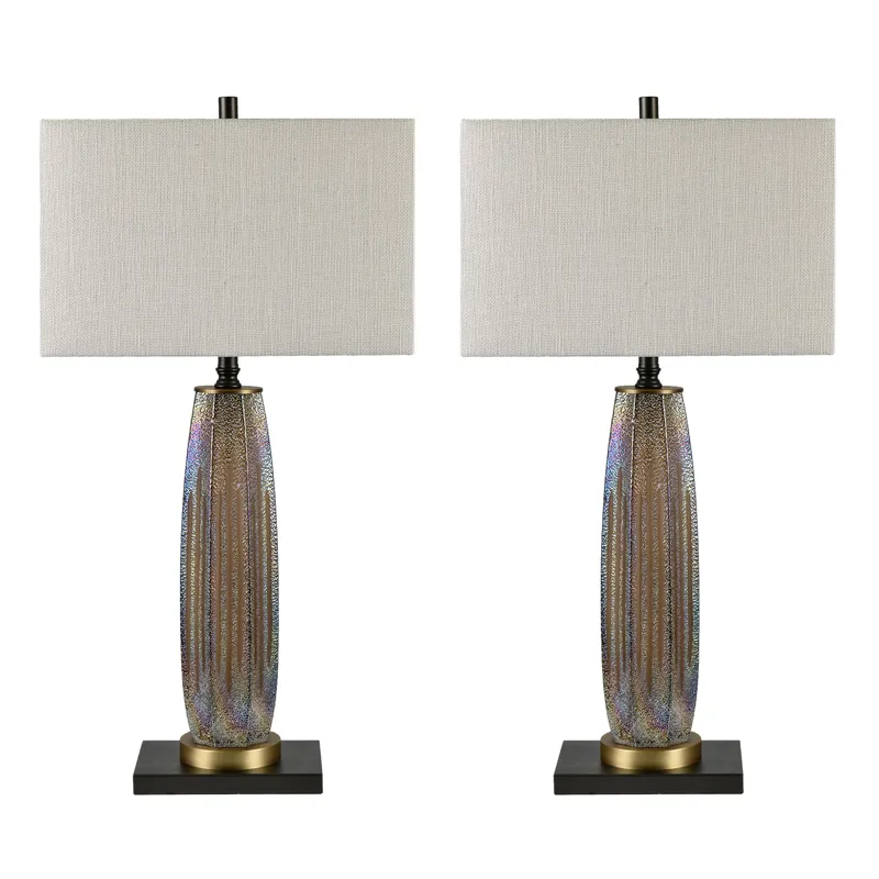 Set Of 2  Glass Table Lamp With Grey Linen Shade