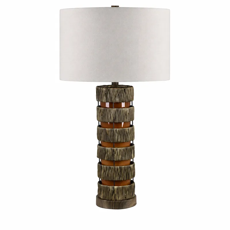 Brown Boho Table Lamp With Oat Linen Drum Shade
