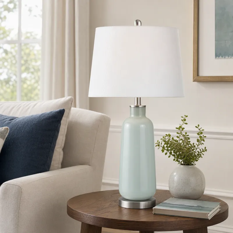 Green Hand-finished Table Lamp With White Linen Tapered Drum Shade