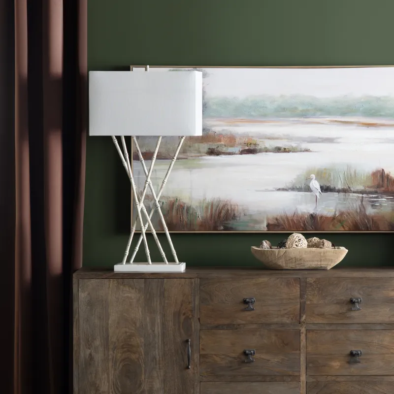 Metal Bamboo Shoots And Marble Table Lamp With Linen Shade