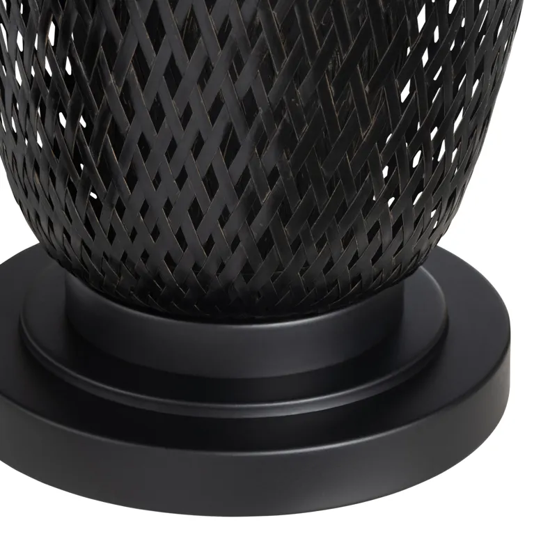 Set Of 2 Black Rattan/bamboo Table Lamp With Linen Shade