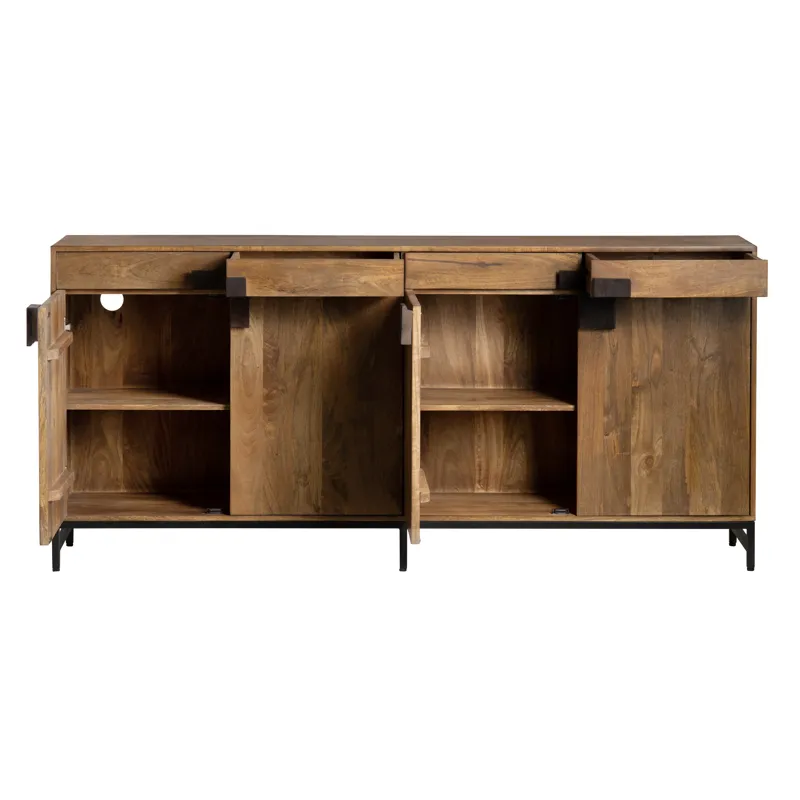 Natural Brown Solid Wood & Metal 4-door, 4-drawer Media Credenza/sideboard