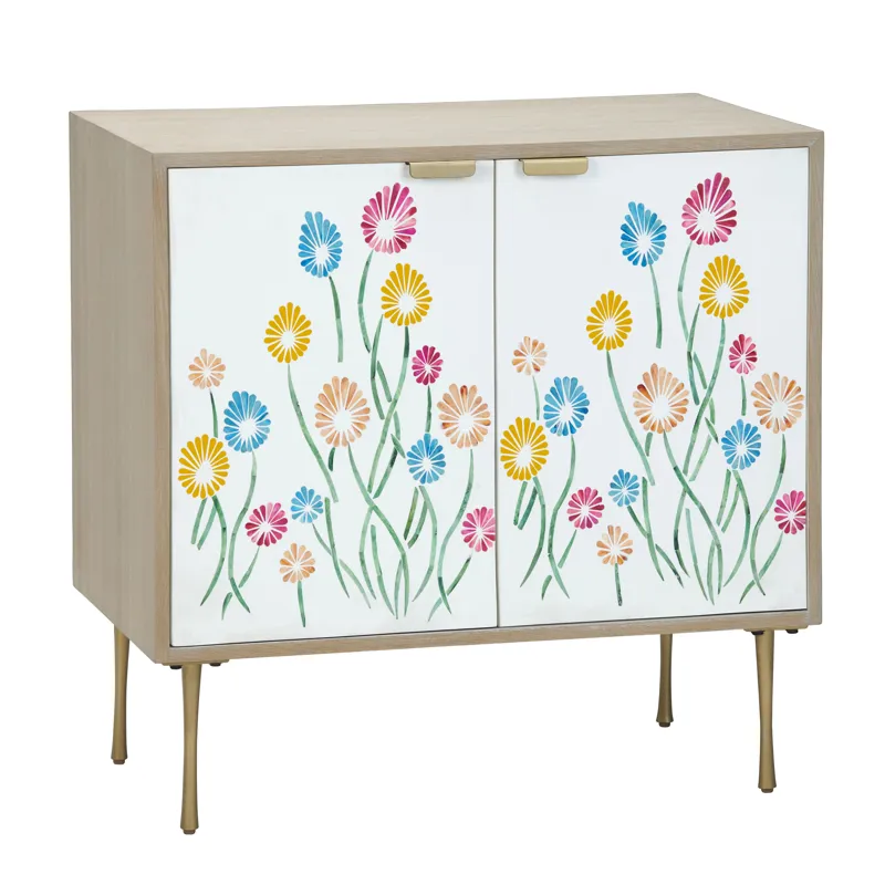 2 Door Tan Wood Grain Accent Cabinet With Painted Floral Doors And Metal Legs