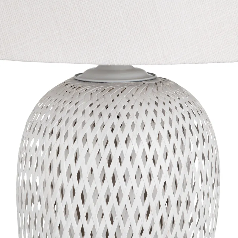 Set Of 2 White Rattan/bamboo Table Lamp With Linen Shade