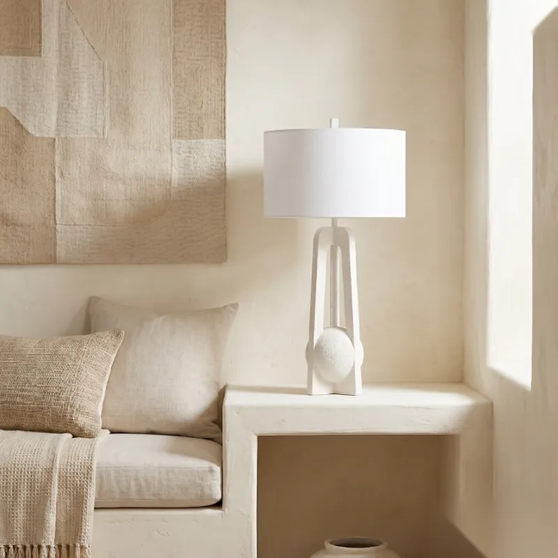 White Textured Table Lamp With Modern Geometric Base And Linen Drum Shade